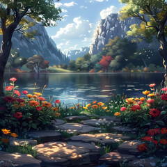 Fototapeta premium A serene garden scene with vibrant flowers, a tranquil lake, and a shaded gazebo under lush trees, bathed in soft, dreamlike light.