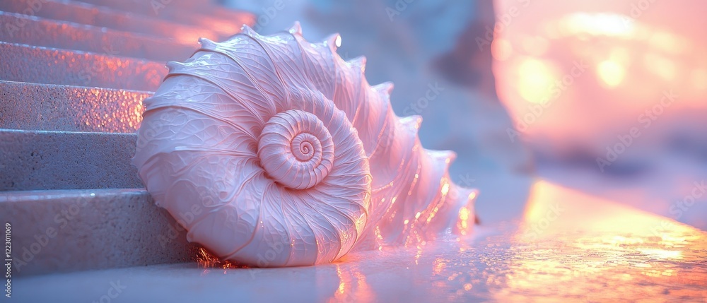Poster a delicate pink seashell resting on smooth steps, illuminated by soft light, creating a serene coast