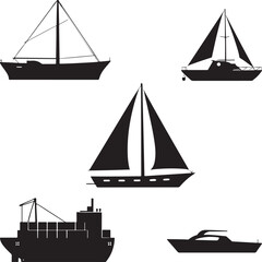 Black Silhouettes of Maritime Ships. Vector Icons of Sailboats, Yachts, Cruise Liners, Cargo Vessels, and Ocean Transport in Flat Design