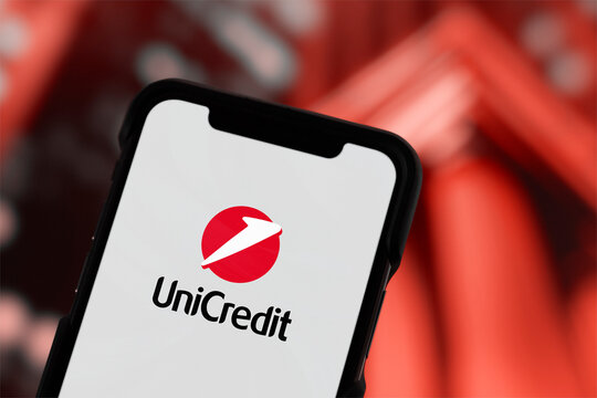 Guilherand-Granges, France - January 27, 2025. UniCredit is a leading European bank offering financial services, including corporate banking, investment, and wealth management.