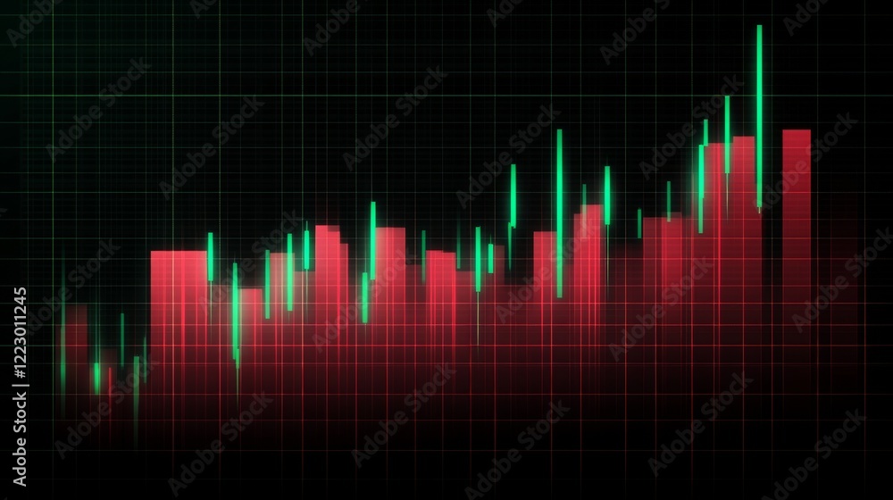 Poster a candlestick chart with green and red bars on a dark digital grid, showcasing financial market tren