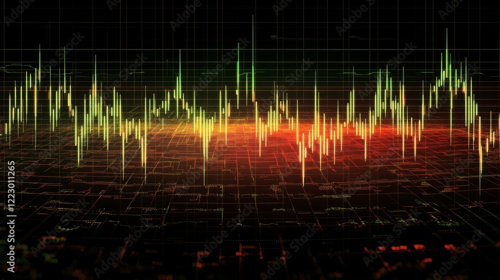 Poster a candlestick chart with green and red bars on a dark digital grid, showcasing financial market tren