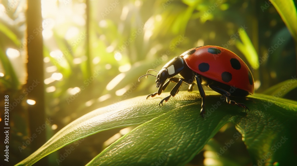 Aufkleber A captivating close-up of a ladybug resting on a leaf, with sunlight filtering through the foliage, creating a warm and inviting atmosphere