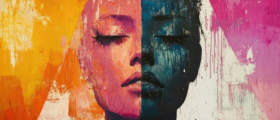 A vibrant, split-faced artwork showcasing contrasting colors, symbolizing duality and emotion.