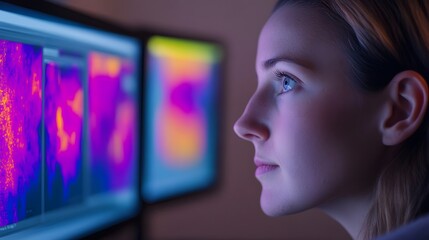 Researcher Analyzing Eye-Tracking Heatmaps on Marketing Advertisement Interface