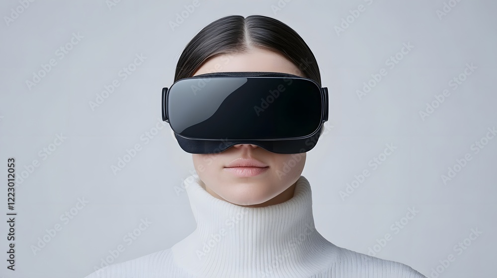 Poster user adjusting settings on futuristic augmented reality headset with eye-tracking interactions