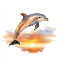 Jumping dolphin illustration with beautiful sunset background, watercolor clip art