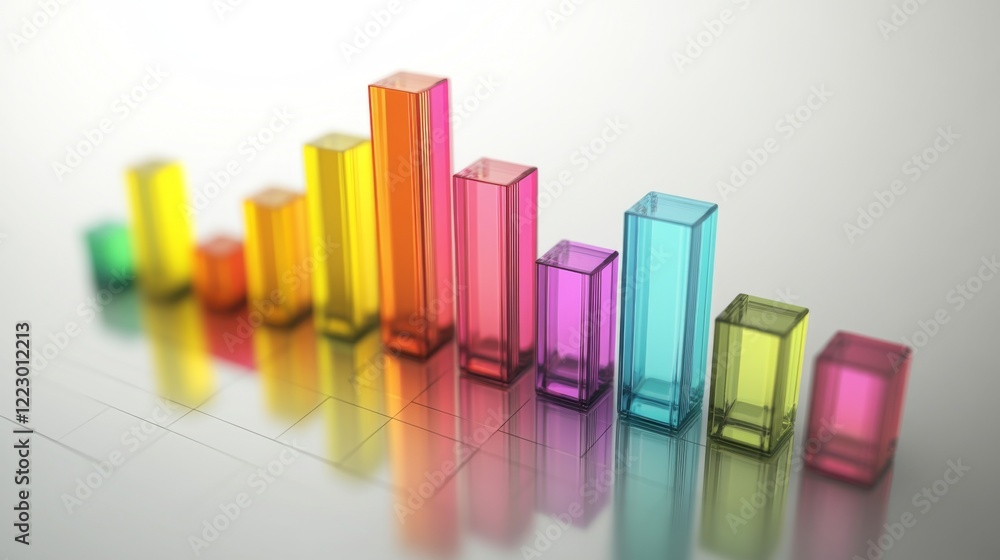 Poster a clear d bar graph with metallic bars and gradient colors, arranged on a white reflective surface, 