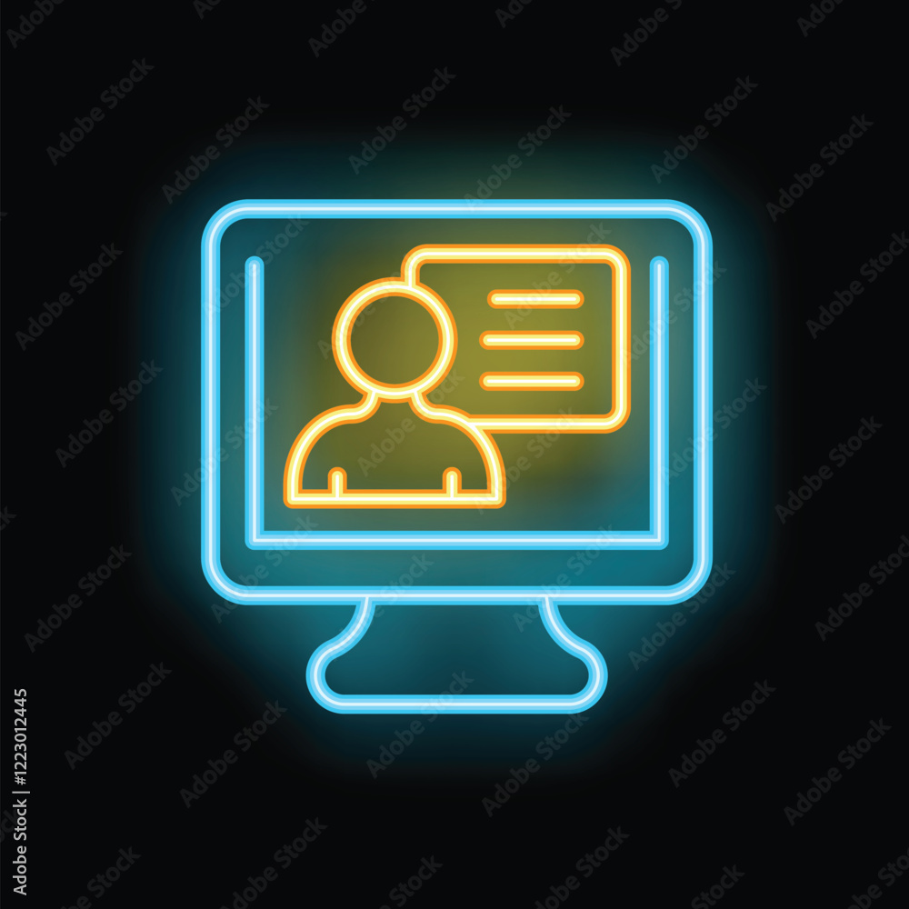 Poster neon icon representing digital identity with a computer monitor showcasing an online user profile an