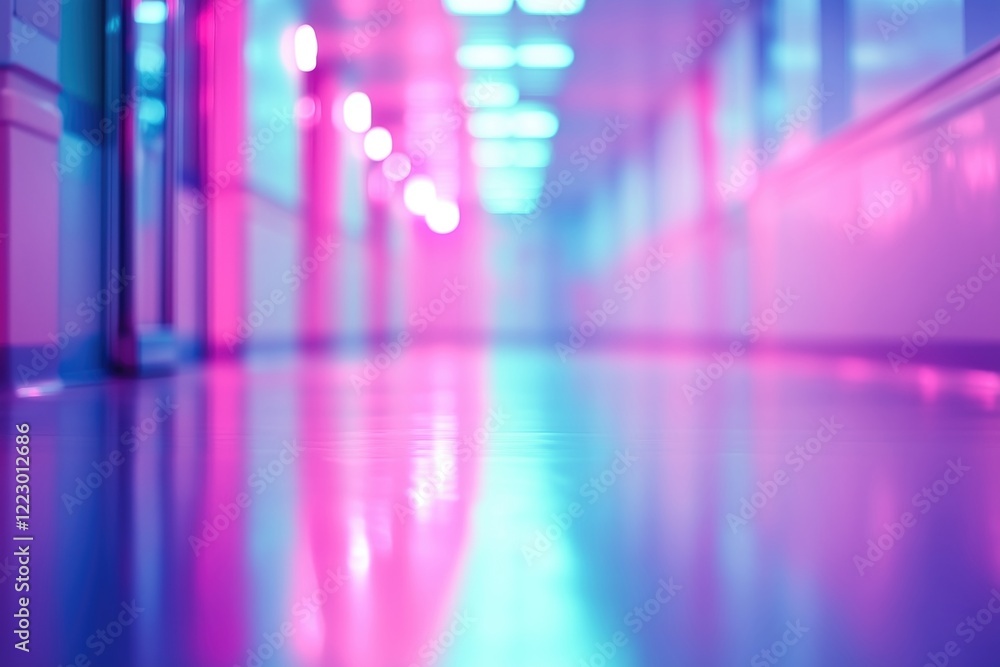 Poster a vibrant, abstract view of a hallway with colorful lighting and reflections on the floor, creating 