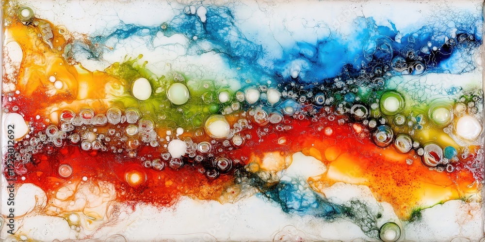 Poster vibrant abstract fluid art featuring swirling colors of blue, green, red, and orange with bubbles an
