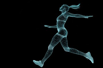 Obraz premium A digital wireframe representation of a woman in motion, showcasing athleticism and energy.