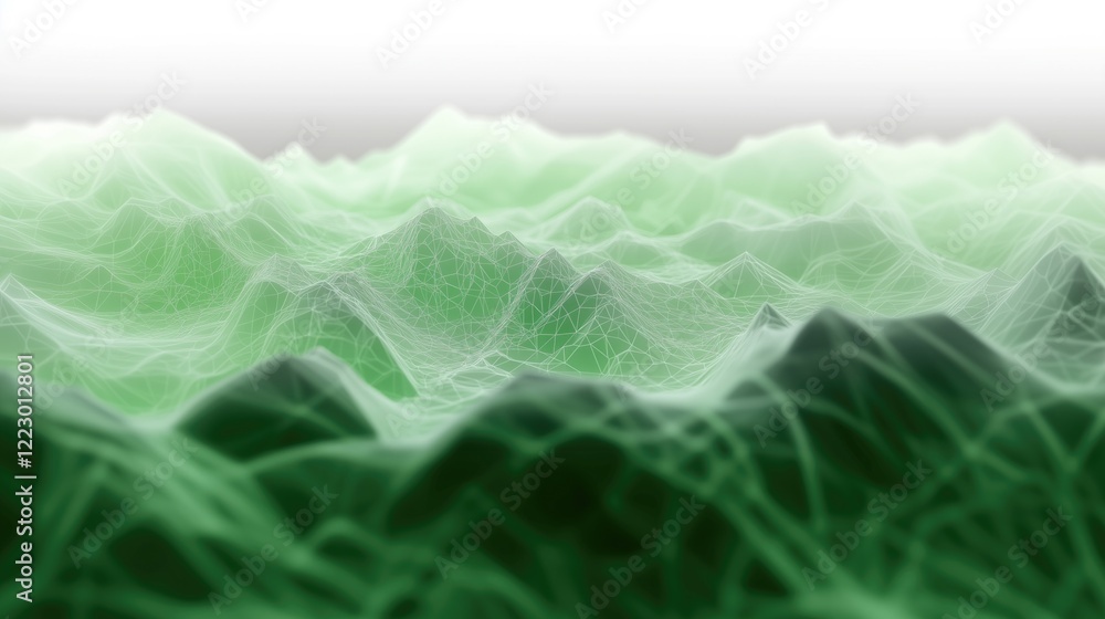 Poster a digital representation of a green mountain landscape with a network of lines creating a 3d effect,