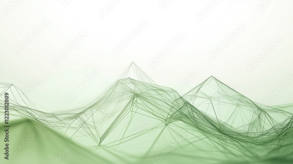 Poster a minimalist abstract representation of green mountains with intricate line patterns, creating a ser