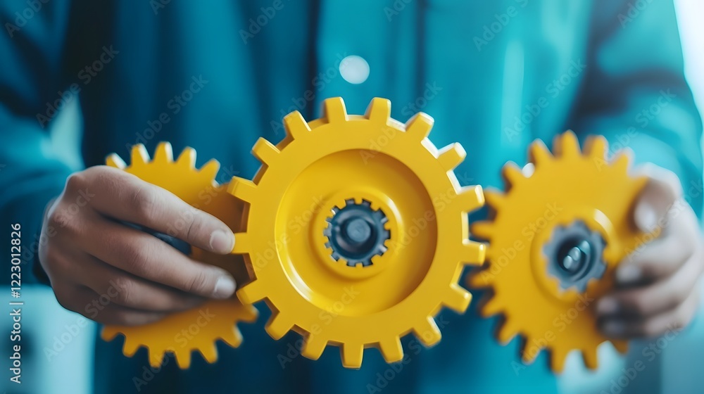 Poster engineer adjusting yellow gears to resolve capacity constraints in manufacturing process