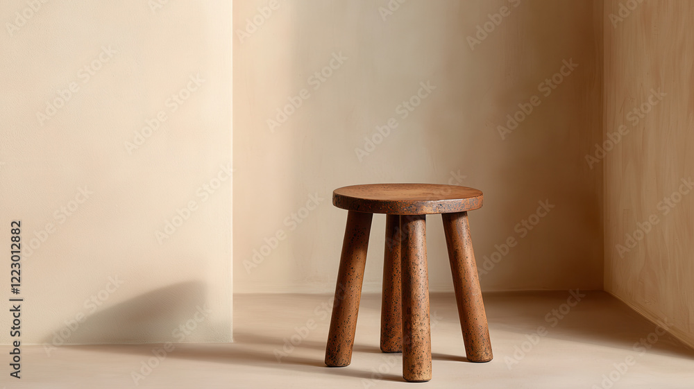 Poster representations of rust concept, small rustic stool with weathered finish in minimalist setting
