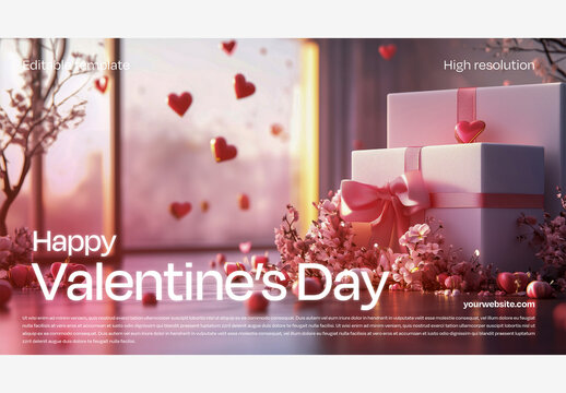 Valentine's Day Template: Elegant White Box with Pink Bow, Flowers & Heart Tree Background Valentines Day Template