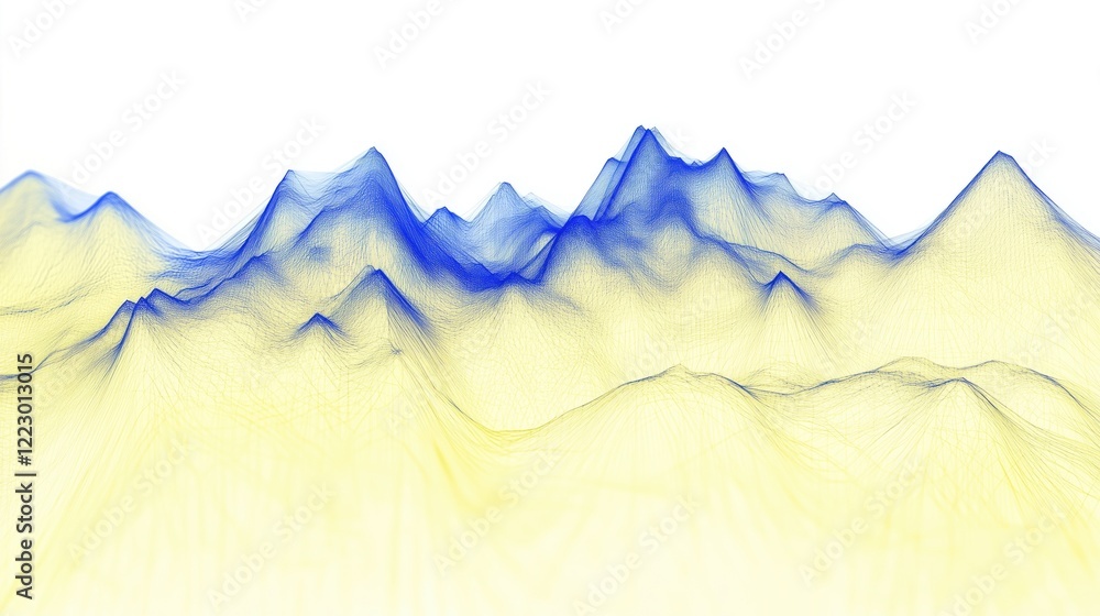 Poster a vibrant abstract representation of mountains with flowing lines in blue and yellow, creating a dyn