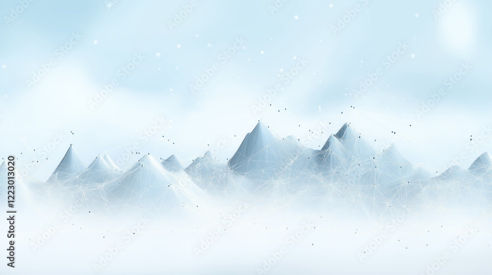 Poster a digital representation of a mountain landscape with a network of lines and nodes, creating a futur