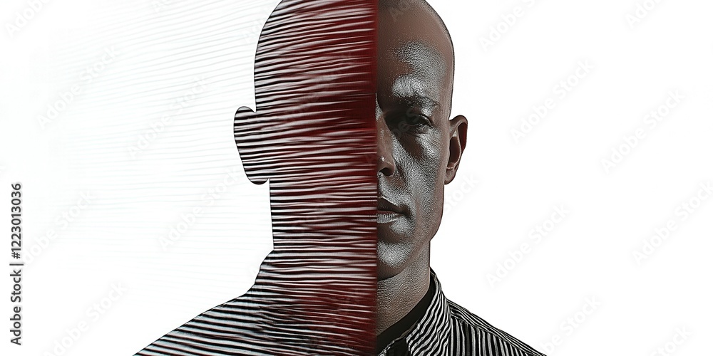 Poster a striking abstract portrait of a digitalized man, half his face blended with a textured background,