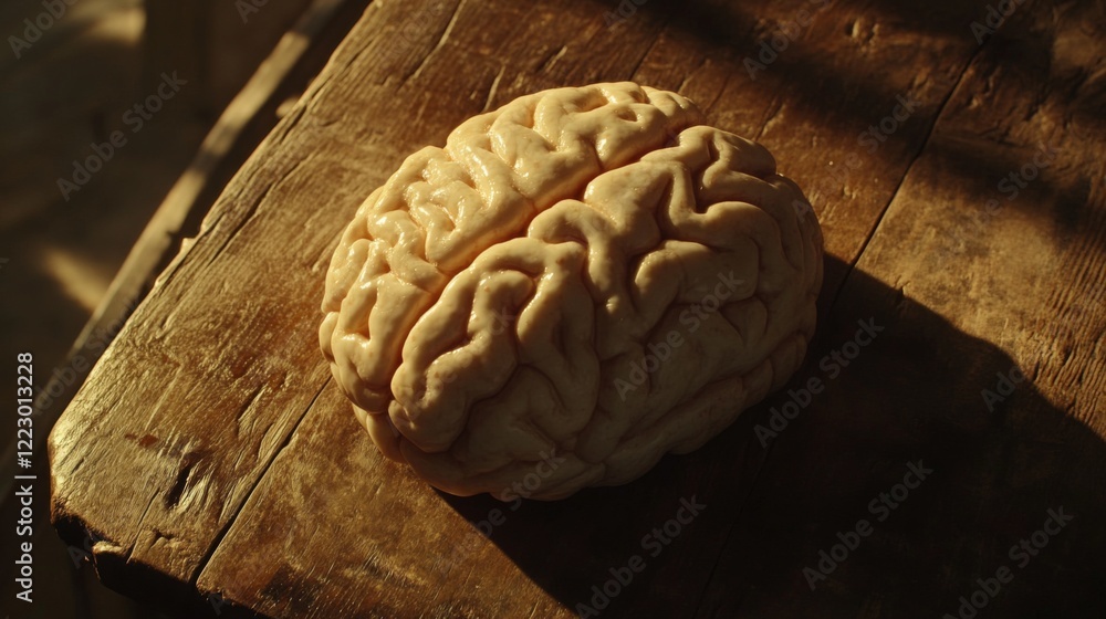 Poster a close-up of a human brain model on a wooden desk, illuminated by soft natural light, highlighting 