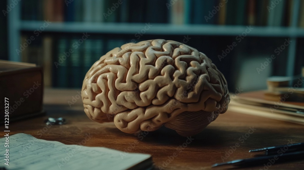 Poster a close-up of a human brain model on a wooden desk, illuminated by soft natural light, highlighting 