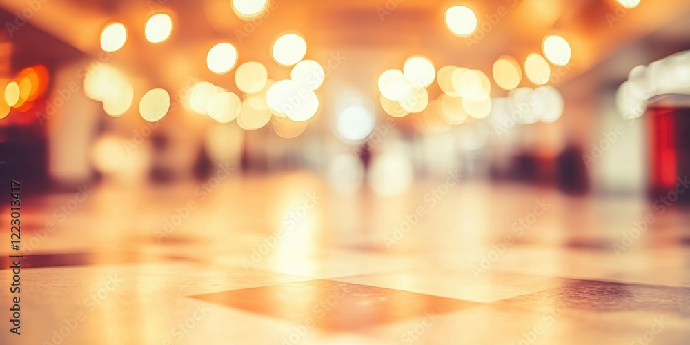 Poster soft focus image of an indoor space with warm bokeh lights creating a dreamy atmosphere and a sense 