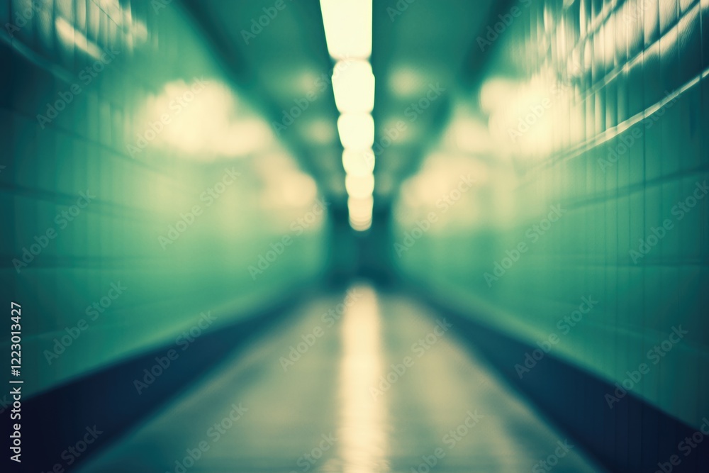 Poster a blurred perspective of a long hallway with green tiles and overhead lights, creating a sense of de