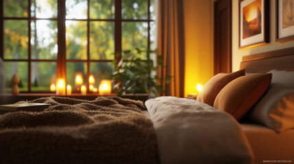 Fototapeta premium A bedroom with fluffy blankets, soft pillows, and warm lighting, home, cozy, relaxing, bedroom