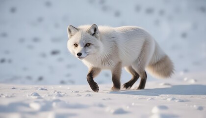Naklejka premium Lone arctic fox trotting through the snow in search of prey, barren lands, North Pole, winter season, Arctic Circle
