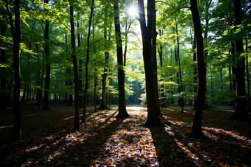 Sunlit forest floor with dappled light and fallen leaves