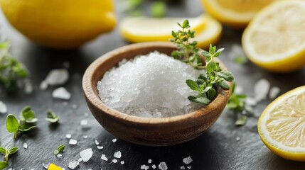 A close-up of a small bowl of flaky sea salt, with fresh herbs and lemon slices arranged artistically around it, highlighting the freshness of ingredients