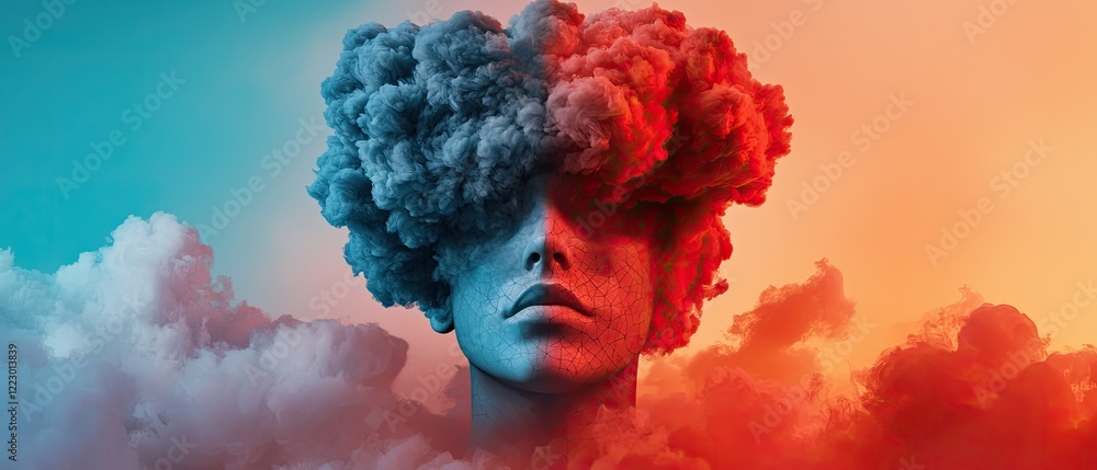 Poster a surreal image of a face partially obscured by colorful clouds, merging elements of human emotion a