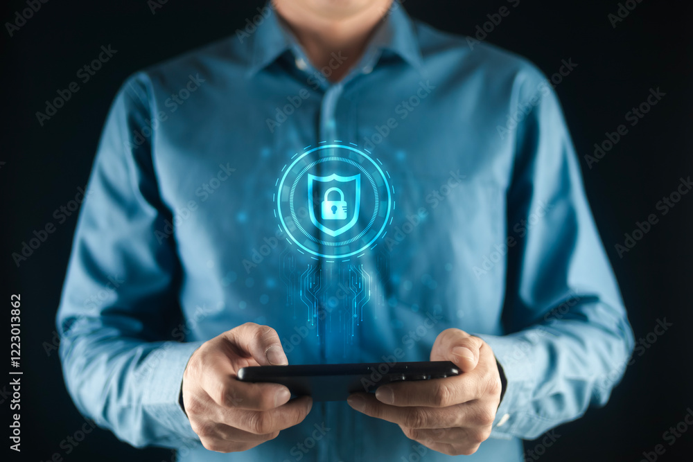 Poster network security system. personal data information on tablet.information and cyber security technolo