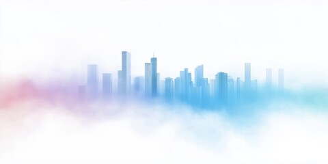 Obraz premium A city skyline is shown in a blue and purple haze. The buildings are tall and the sky is cloudy. Scene is somewhat melancholic, as the city appears to be shrouded in a misty haze