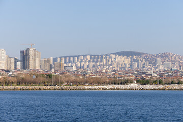 A stunning panoramic view of Istanbul’s Asian coastline captured from a ferry cruising on the...