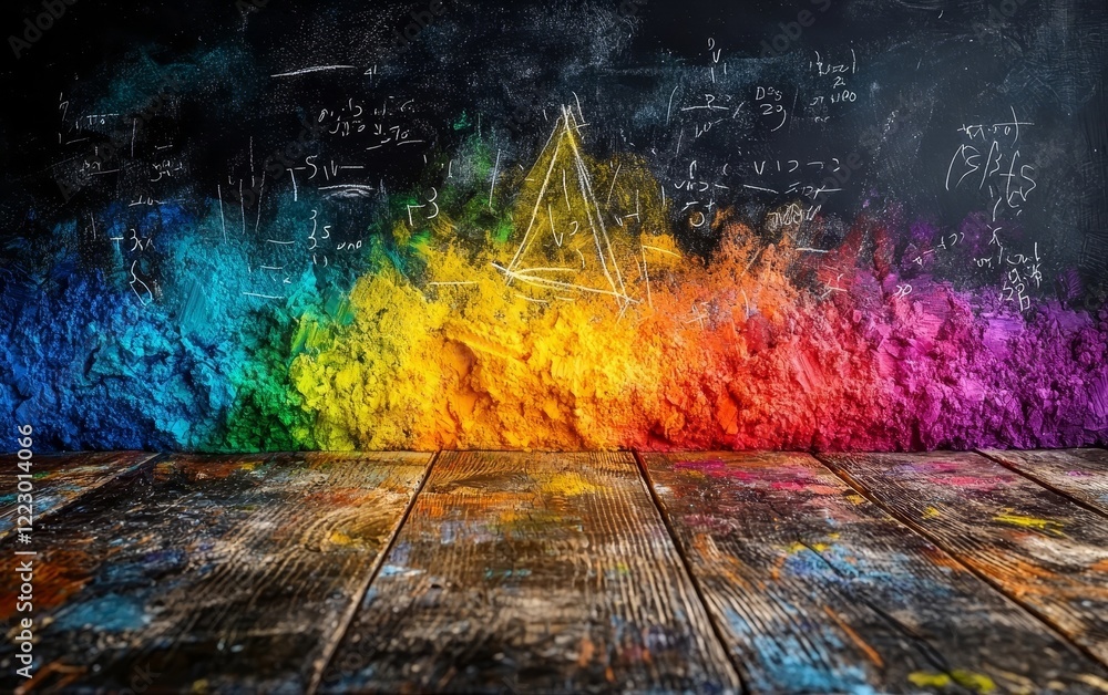 Poster vibrant chalkboard filled with colorful mathematical formulas and glowing equation blending learning