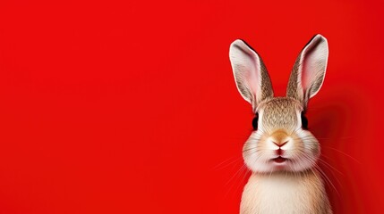 Obraz premium A close-up of an adorable rabbit with large ears against a vibrant red background, showcasing its expressive features and fluffy fur.