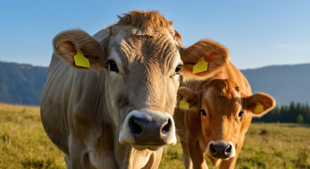 Two friendly cows grazing in a sunny meadow