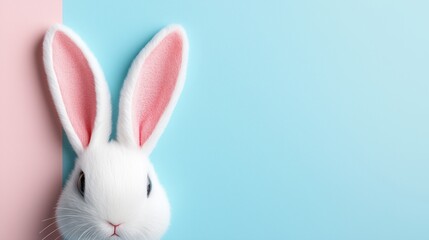 Obraz premium Adorable white bunny with large pink ears peeking against a pastel pink and blue background, perfect for spring or Easter themes.