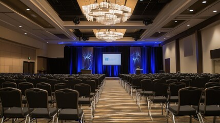 Spacious conference hall with rows of empty chairs, illuminated by elegant chandeliers and blue lighting, ready for an upcoming event or seminar.