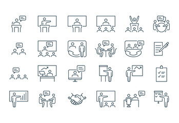 Presentation, business training or seminar icon set. Graphic flat signs with editable stroke line, isolated on white.