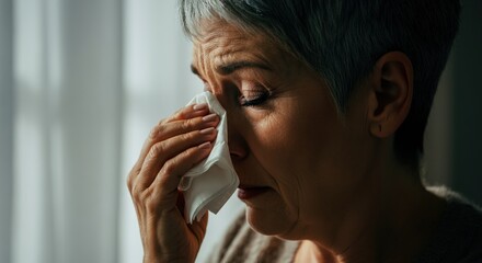 Emotional woman wiping tears with a tissue, expressing deep feelings
