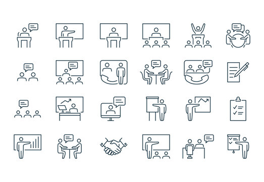 Presentation, business training or seminar icon set. Graphic flat signs with editable stroke line, isolated on white.
