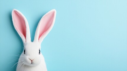 Obraz premium Adorable white rabbit with pink ears against a soft blue background, perfect for spring themes and Easter celebrations.