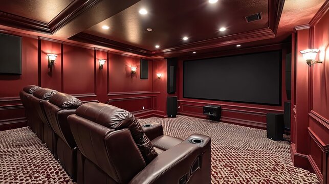 A high-tech home theater setup with voice-activated controls for lights, volume, and screen adjustments, paired with immersive 3D sound technology. - Powered by Adobe