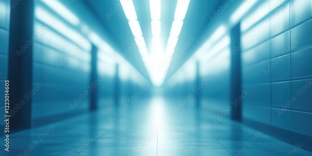 Poster a blurred perspective of a futuristic hallway with bright lights and a serene atmosphere, creating a