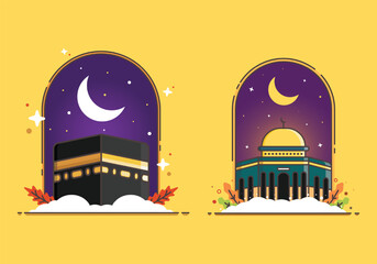 set of icons of al aqsa mosque and kaaba with night sky decoration. vector illustration. can be used for islamic event icons, posters, and social media purposes