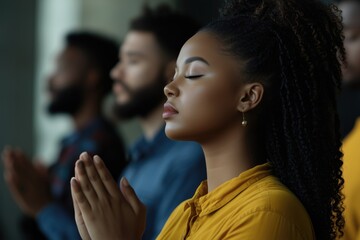A diverse group of individuals engaged in a meditation session, eyes closed, hands clasped in prayer, creating a serene and peaceful atmosphere.