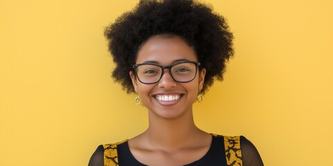 A woman with curly hair and glasses is smiling at the camera. She is wearing a black dress and a yellow undershirt